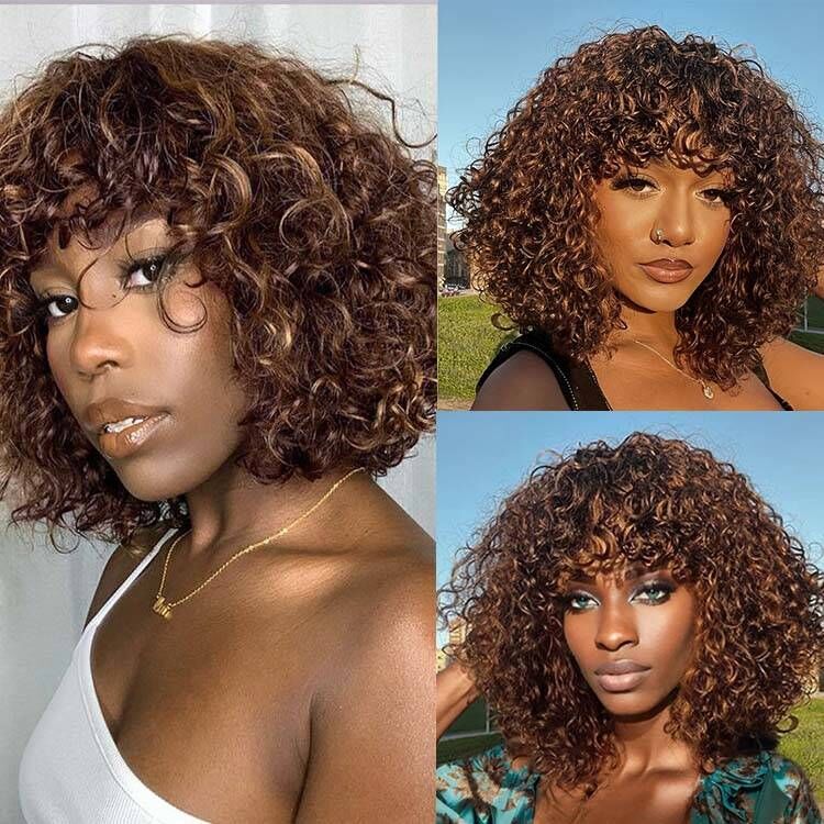 Readytogo Highlight #4/30 Glueless Water Wave Bob Wig Human hair with Bangs - Superlovehair